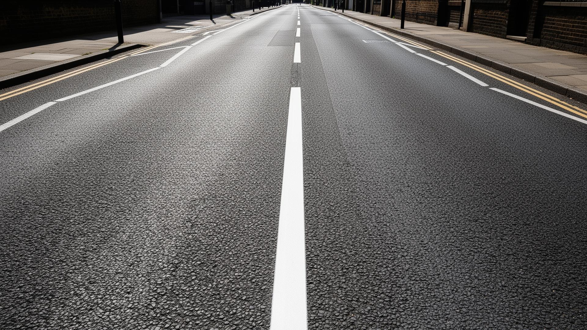 Fresh thermoplastic road markings with clear white lines on a UK road